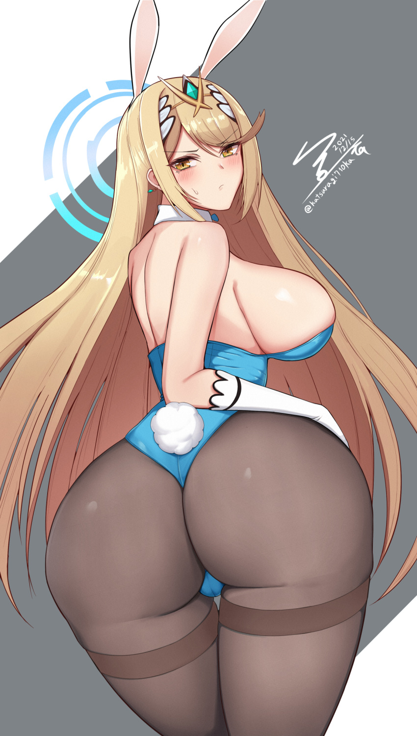 1girl absurdres alternate_costume animal_ears aqua_leotard ass ass_focus asuna_(blue_archive) blue_archive blue_leotard cosplay fake_animal_ears gloves highleg highleg_leotard highres katsuragi_nantoka leotard mythra_(xenoblade) playboy_bunny rabbit_ears strapless strapless_leotard white_gloves xenoblade_chronicles_(series) xenoblade_chronicles_2