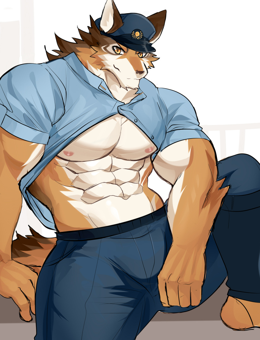 1boy absurdres animal_ears ao_(chung0u0) bara barrel_(live_a_hero) beige_fur brown_fur bulge dog_boy dog_ears dog_tail foot_out_of_frame furry furry_male hat highres live_a_hero looking_at_viewer male_focus muscular muscular_male open_clothes open_shirt orange_fur pectorals police police_hat police_uniform reward_available sitting solo spread_legs tail underpec uniform