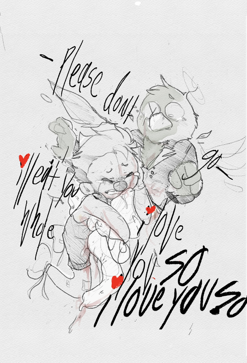 avian blood_on_face bodily_fluids child death don't_hug_me_i'm_scared duo embrace gore hi_res hug male male/male oddtripps organs puppet scared sketch tears text traditional_media_(artwork) x_eyes yellow_guy_(dhmis) young
