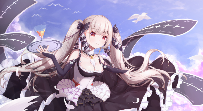 1girl absurdres azur_lane bangs between_breasts bird black_dress black_gloves black_nails black_ribbon breasts bridal_gauntlets cleavage closed_mouth commentary cup detached_collar dress eyebrows_visible_through_hair formidable_(azur_lane) frilled_dress frills gloves gothic_lolita highres holding holding_tray large_breasts light_smile lolita_fashion long_hair looking_away nail_polish necktie necktie_between_breasts platinum_blonde_hair red_eyes ribbon shimutsuki silver_hair sky solo tray twintails two-tone_dress two-tone_ribbon very_long_hair white_necktie