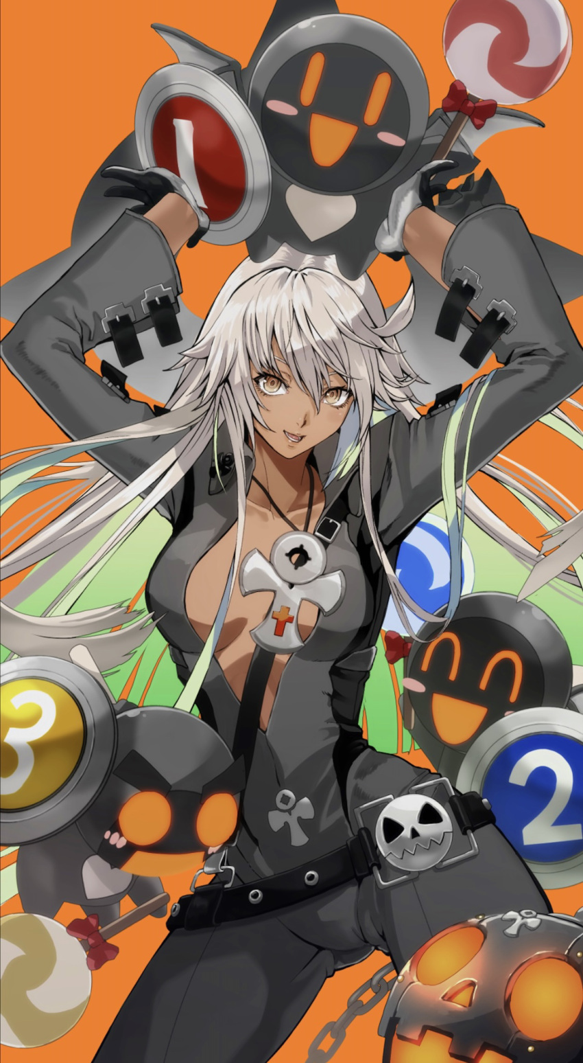 1girl alternate_color belt breasts brown_eyes candy center_opening cleavage collarbone cross cross_necklace dark-skinned_female dark_skin food gauss_&lt;bokashi gloves grey_hair grey_jumpsuit guilty_gear guilty_gear_strive hair_between_eyes highres holding jack-o'_valentine jewelry jumpsuit knight_servant large_breasts lollipop long_hair looking_at_viewer necklace open_mouth orange_background simple_background smile solo very_long_hair