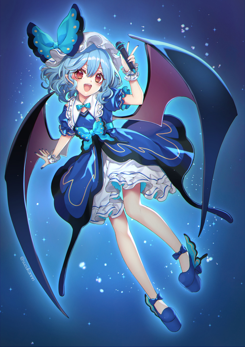 1girl bangs bat_wings belt black_footwear blue_background blue_belt blue_bow blue_bowtie blue_hair blue_nails blue_sleeves blush bow bowtie collar collared_dress dress eyebrows_visible_through_hair fang flying gradient gradient_background hair_between_eyes hand_up hat hat_bow highres kyouda_suzuka large_bow looking_to_the_side microphone mob_cap open_mouth pointy_ears puffy_short_sleeves puffy_sleeves red_eyes remilia_scarlet shoes short_hair short_sleeves smile solo teeth tongue touhou twitter_username v white_dress white_headwear wings wrist_cuffs