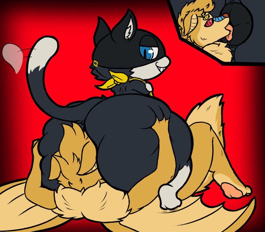 anal anthro anus atlus bandanna black_body black_fur bubble_butt butt butt_grab chappysticks_(artist) chiropteran domestic_cat duo facesit facesitting felid feline felis fur hand_on_butt hi_res kerchief licking looking_back looking_pleasured male male/male mammal megami_tensei megami_tensei_persona morgana_(persona) oral raised_tail rimming sex smug smug_face smug_grin tail_motion tailwag thick_thighs tongue tongue_out video_games yellow_bandanna yellow_kerchief
