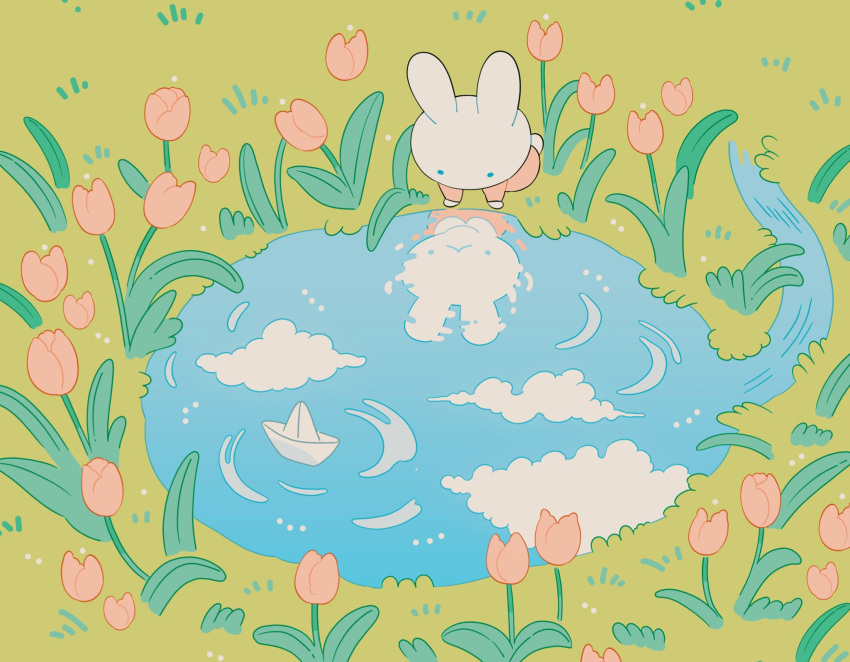 blue_sky bunny cloud flower grass highres meyoco no_humans original outdoors paper_boat pink_flower plant reflection ripples sky water wide_shot