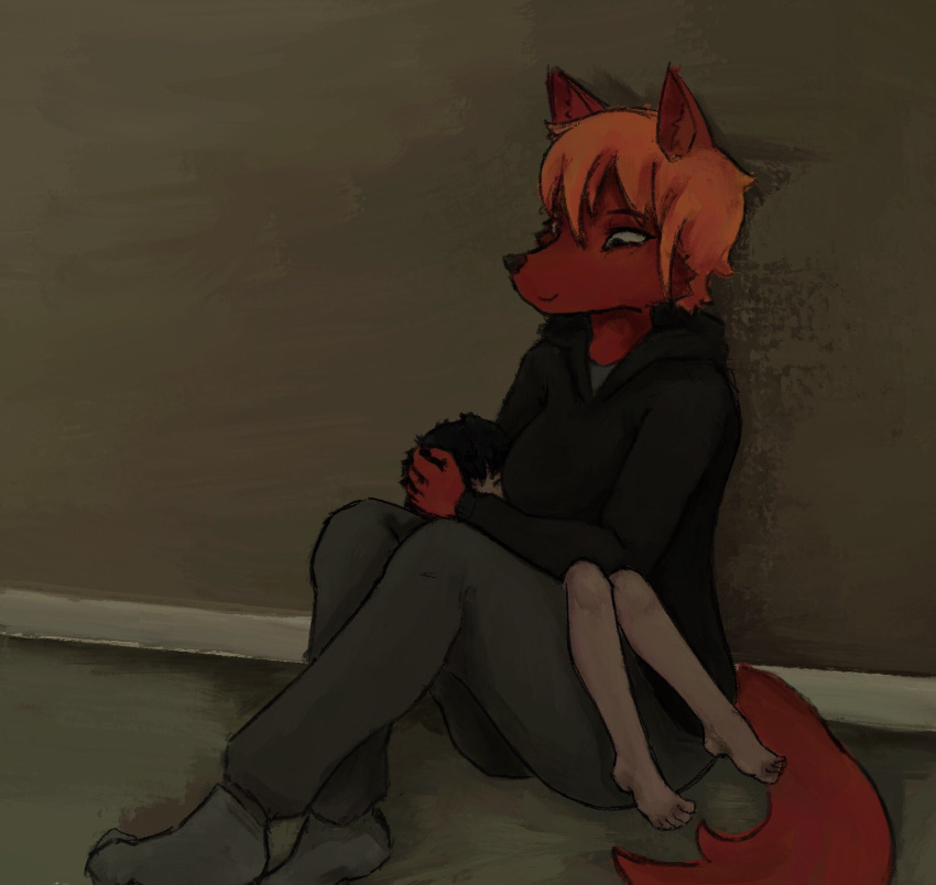 anon2000000 anthro black_clothing breasts canid canine clothed clothing duo female footwear fox fur hi_res hoodie human male mammal mother mother_and_child mother_and_son parent parent_and_child shoes son topwear young