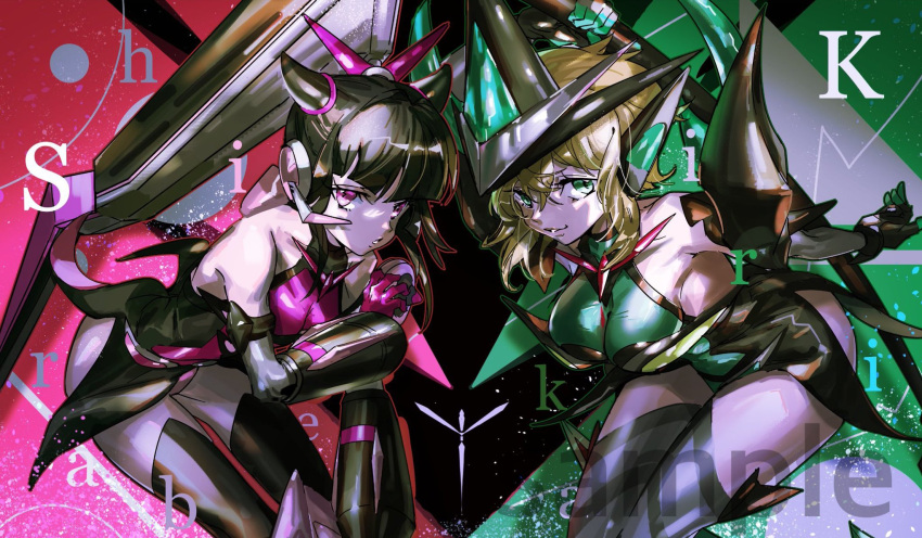 2girls akatsuki_kirika bangs black_hair blonde_hair breasts collarbone elbow_gloves gloves green_eyes green_gloves highres leaning_forward looking_at_viewer medium_breasts multiple_girls pink_eyes pink_gloves sample senki_zesshou_symphogear shoulder_spikes small_breasts smile spikes thighhighs thundergotch tsukuyomi_shirabe twintails watermark