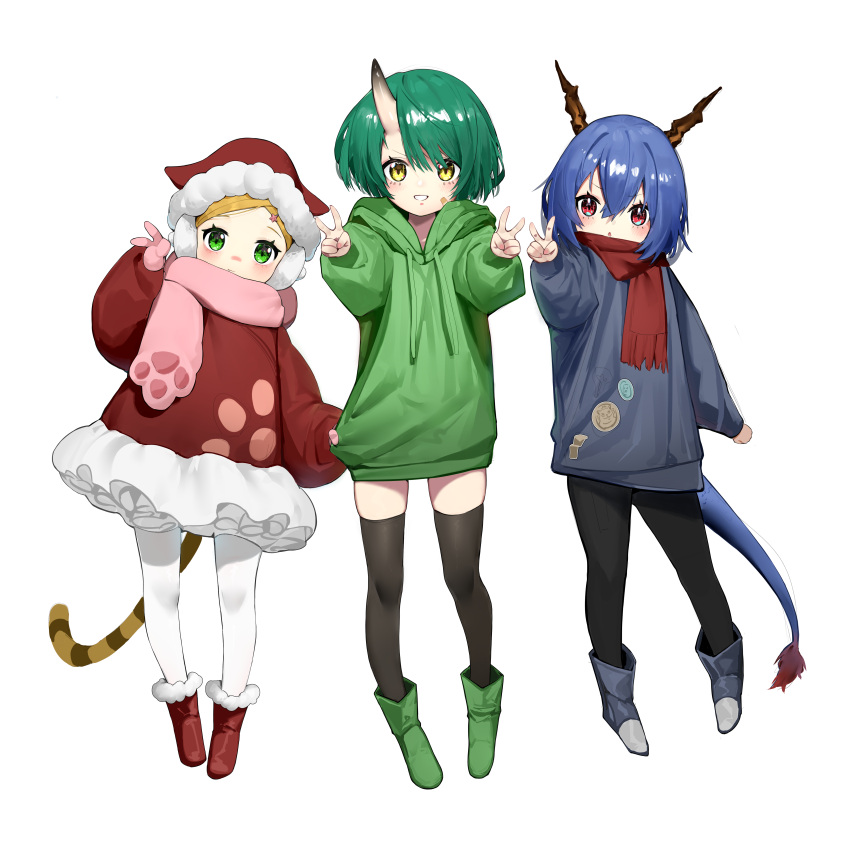 3girls :d :o absurdres ankle_boots arknights arm_at_side bandaid bandaid_on_cheek bangs black_legwear blonde_hair blue_footwear blue_hair blue_sweater blush bob_cut boots ch'en_(arknights) child clothes_grab cool_est double_v dragon_horns dragon_tail drawstring dress earmuffs full_body fur-tipped_tail fur_trim gloves green_eyes green_footwear green_hair green_hoodie hair_between_eyes hair_ornament hairclip hand_up hat highres hood hood_down hoodie horns hoshiguma_(arknights) lineup long_hair long_sleeves looking_at_viewer multiple_girls oni_horns outstretched_arm outstretched_arms pantyhose paw_print pigeon-toed pink_gloves pink_scarf print_dress print_scarf red_dress red_eyes red_footwear red_scarf santa_hat scarf short_hair short_sleeves side-by-side simple_background single_horn skindentation smile standing star_(symbol) star_hair_ornament sweater swire_(arknights) tail thighhighs tiger_tail v white_background white_legwear younger