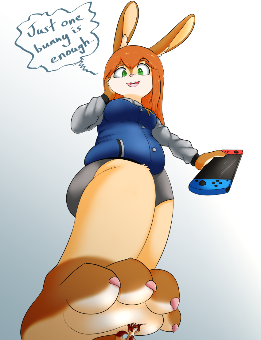2021 4_toes anthro canid canine dialogue english_text feet female fox fur gradient_background hi_res lagomorph leporid livy_(trench-meat) male mammal micro natalya_(peachnatto) nintendo nintendo_switch plantigrade rabbit simple_background size_difference size_play speech_bubble text toes trench-meat video_games