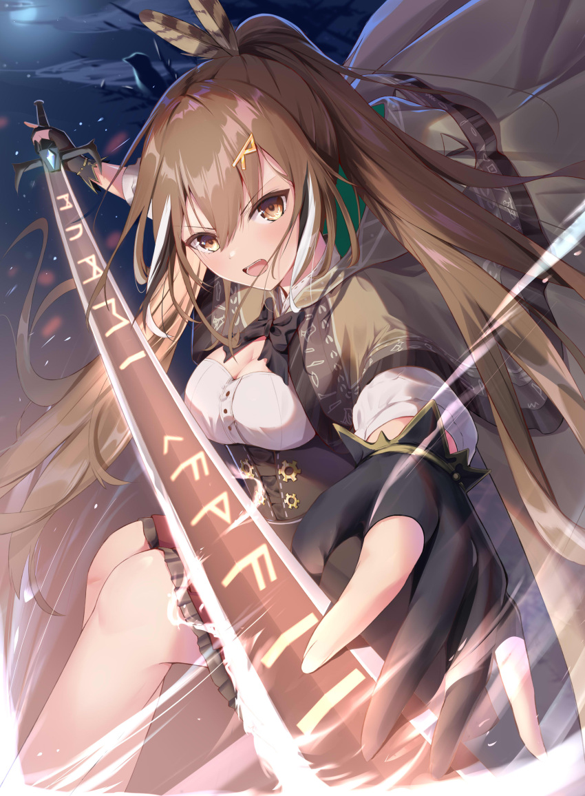 1girl absurdres black_bow black_bowtie black_gloves black_hair bow bowtie breasts brown_cloak brown_corset brown_eyes brown_hair cleavage cloak cloud feather_hair_ornament feathers gloves hair_ornament hieroglyphics highres holding holding_sword holding_weapon hololive hololive_english hood hood_down long_hair long_sleeves looking_at_viewer medium_breasts moon moonlight multicolored_hair nanashi_mumei night night_sky open_mouth outdoors partially_fingerless_gloves perspective pleated_skirt ponytail red_skirt runes shirt skirt sky solo streaked_hair sword very_long_hair virtual_youtuber weapon white_hair white_shirt wolfgang_(paul94104875)