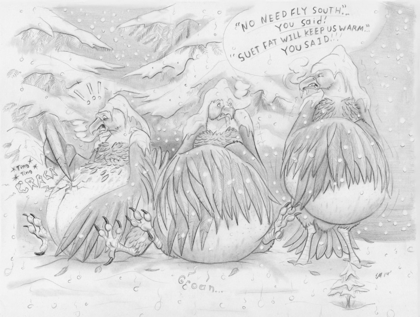 2014 4_toes accipitrid accipitriform after_vore ambiguous_gender ambiguous_pred angry anisodactyl anthro anthro_pred avian beak belly beuwens-folder big_belly biped bird bird_feet claws clenched_teeth cold dated detailed_background dialogue digestion digitigrade eagle english_text exclamation_point feather_hands feathered_wings feathers feet front_view graphite_(artwork) greyscale group leaf monochrome motion_lines nude obese obese_ambiguous obese_anthro onomatopoeia open_beak open_mouth oral_vore outside overweight overweight_ambiguous overweight_anthro pencil_(artwork) plant rumbling_stomach scutes semi-anthro signature sitting sketch snow snowing soft_vore sound_effects speech_bubble standing story story_in_description talons teeth text toe_claws toes tongue traditional_media_(artwork) tree trio vore weight_gain wings