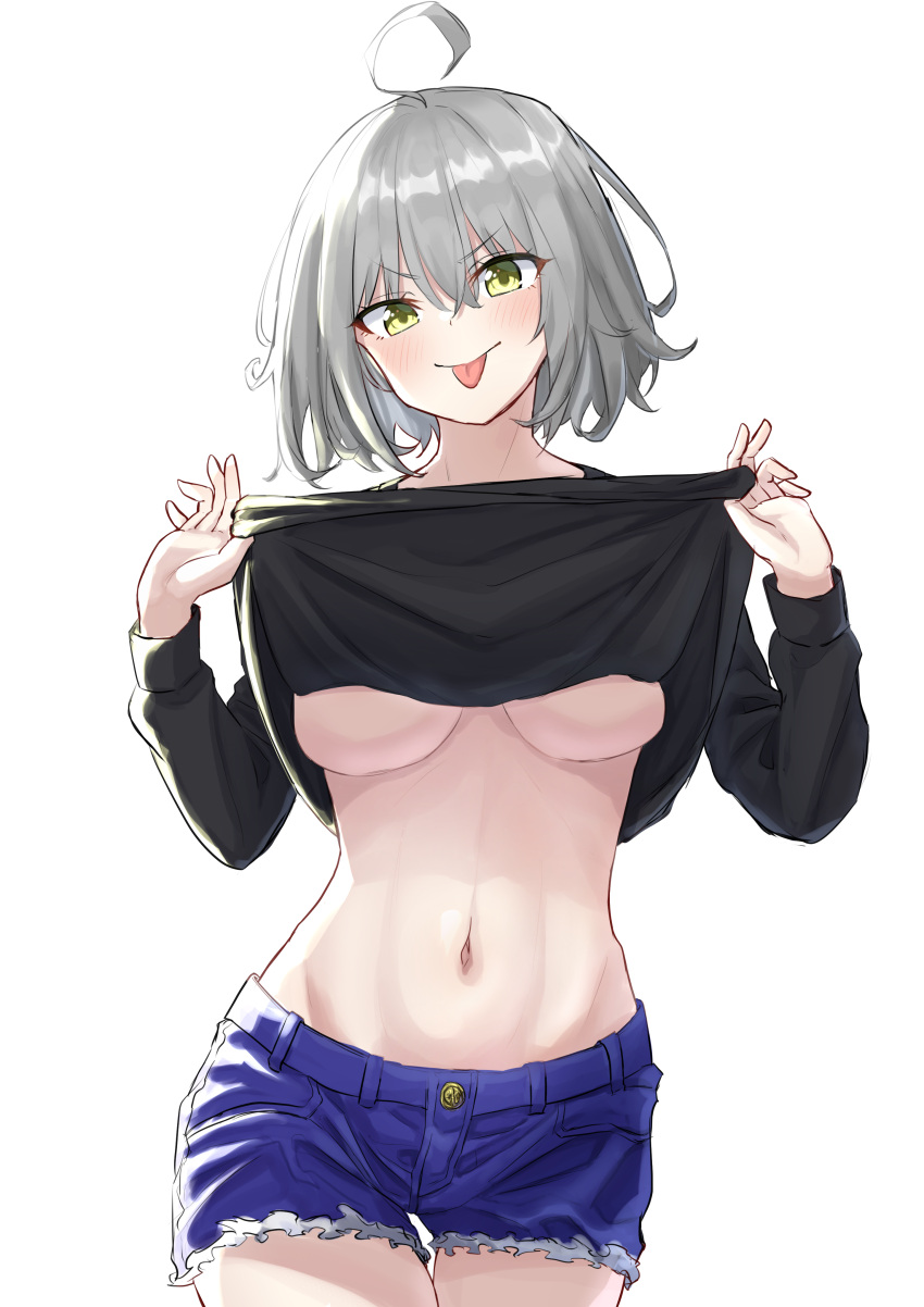1girl absurdres ahoge bangs breasts denim eyebrows_behind_hair eyebrows_visible_through_hair fate/grand_order fate_(series) grey_hair hair_between_eyes highres jeanne_d'arc_(alter)_(fate) jeanne_d'arc_(fate) jeans kohaku_teru looking_at_viewer pants short_hair silver_hair simple_background smile solo stomach sweater tongue tongue_out undressing white_background yellow_eyes