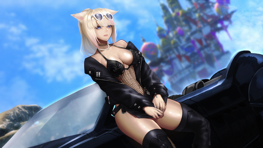 1girl absurdres animal_ears avatar_(ffxiv) bangs blonde_hair blue_eyes blurry blurry_background breasts car cat_ears cat_tail choker day dutch_angle eyewear_on_head final_fantasy final_fantasy_xiv fishnet_top fishnets ground_vehicle highres jacket jewelry medium_breasts miqo'te motor_vehicle necklace open_clothes open_jacket outdoors pearl_necklace regalia_(final_fantasy) short_hair short_ponytail solo sunglasses tail thighhighs zeri_(zeristudio)