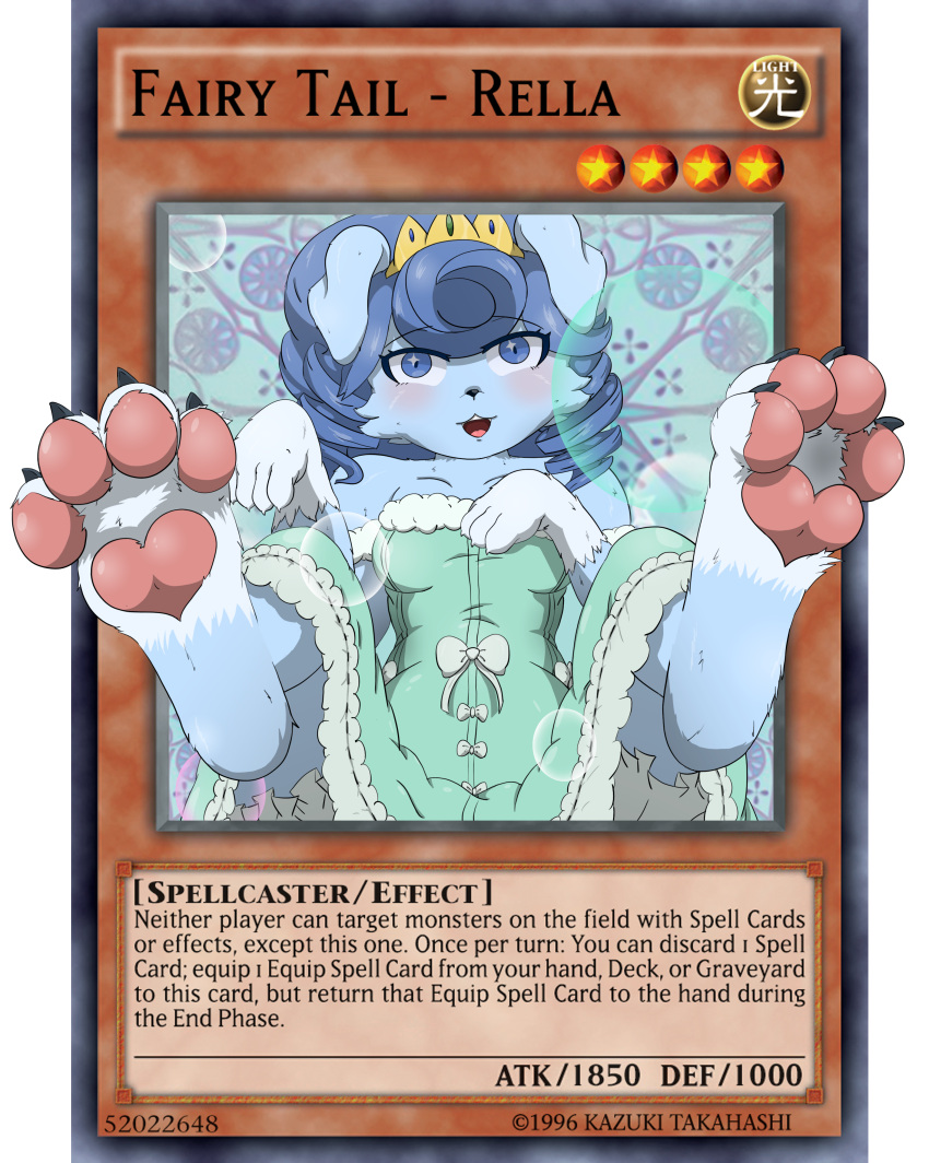 absurd_res anthro blue_body blue_eyes blue_fur blue_hair blush canid canine card card_game clothed clothing crown dress duel_monster fairy_tail-rella feet female foot_focus fur gaming hair hi_res looking_at_viewer mammal pawpads paws presenting princess royalty solo thejestermime yu-gi-oh yu-gi-oh_card