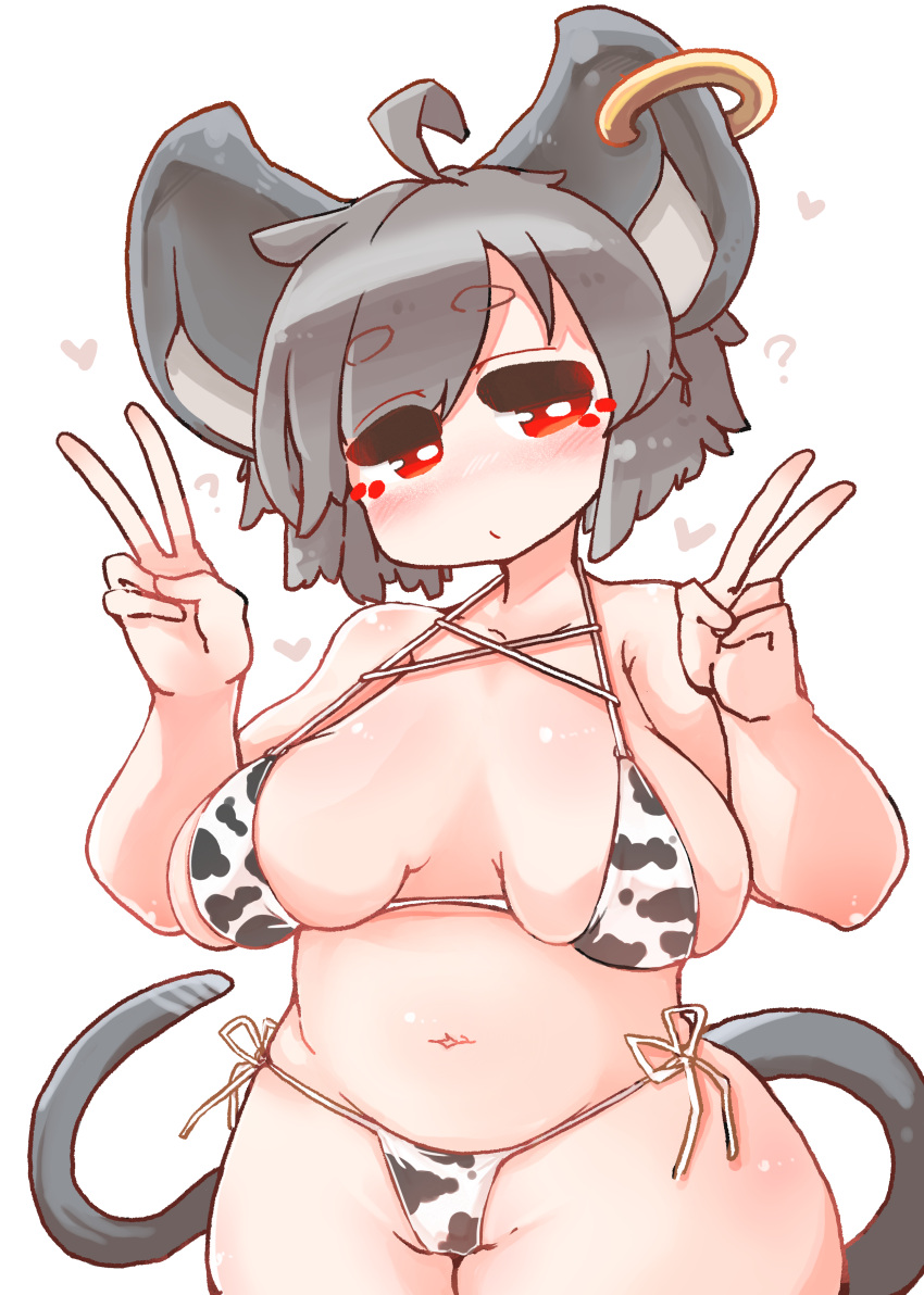 &lt;3 ? absurd_res ahoge animal_humanoid animal_print big_breasts big_ears bikini blush breasts clothed clothing cow_print double_v_sign ear_piercing ear_ring female gesture grey_hair hair hi_res humanoid mammal mammal_humanoid mouse_humanoid murid murid_humanoid murine murine_humanoid navel nazrin piercing red_eyes rodent rodent_humanoid sabitare sagging_breasts short_hair solo swimwear touhou v_sign video_games