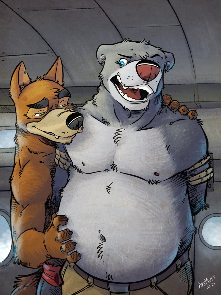 2021 anthro baloo belly bottomwear bound brown_body brown_fur canid canine canis clothing detailed_background disney don_karnage duo fur hi_res inside k-9 male male/male mammal moobs nipples overweight overweight_male pants rope talespin ursid wolf