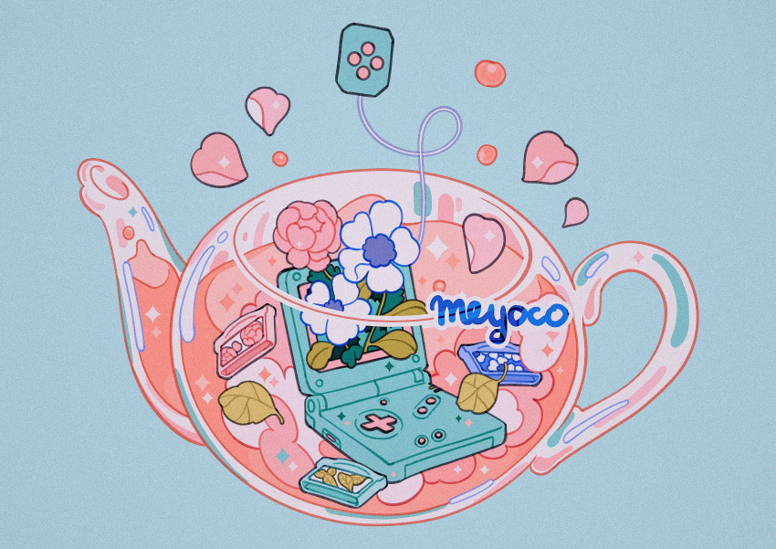 absurdres aqua_background artist_name flower game_boy_advance_sp game_cartridge glass_teapot handheld_game_console highres leaf meyoco no_humans original pink_flower revision simple_background sparkle teabag teapot transparent white_flower