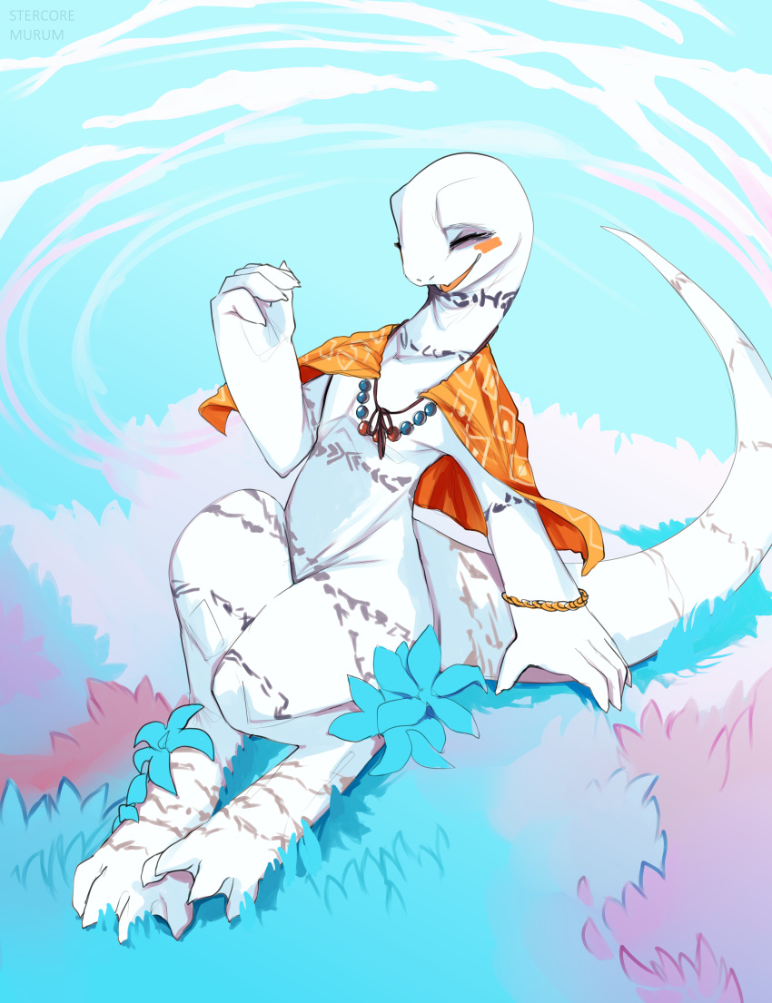 2021 4_toes 5_fingers absurd_res albino anthro arm_markings artist_name bangle bead_necklace big_tail biped blue_sky blush bottomless cape cape_only capelet chest_markings clothed clothing cloud crusch_lulu cute_fangs detailed_background digital_media_(artwork) digital_painting_(artwork) digitigrade eyelashes feet female fingers flat_chested flower foot_markings front_view full-length_portrait gold_(metal) gold_jewelry hi_res jewelry leg_markings light_theme lizard long_neck long_tail markings membrane_(anatomy) mostly_nude neck_markings necklace open_mouth open_smile orange_cape outside overlord_(series) pattern_cape plant portrait reptile scalie sitting sky smile solo stercore_murum tail_markings thick_tail thick_thighs thigh_markings three-quarter_view toes tribal tribal_markings webbed_feet white_body