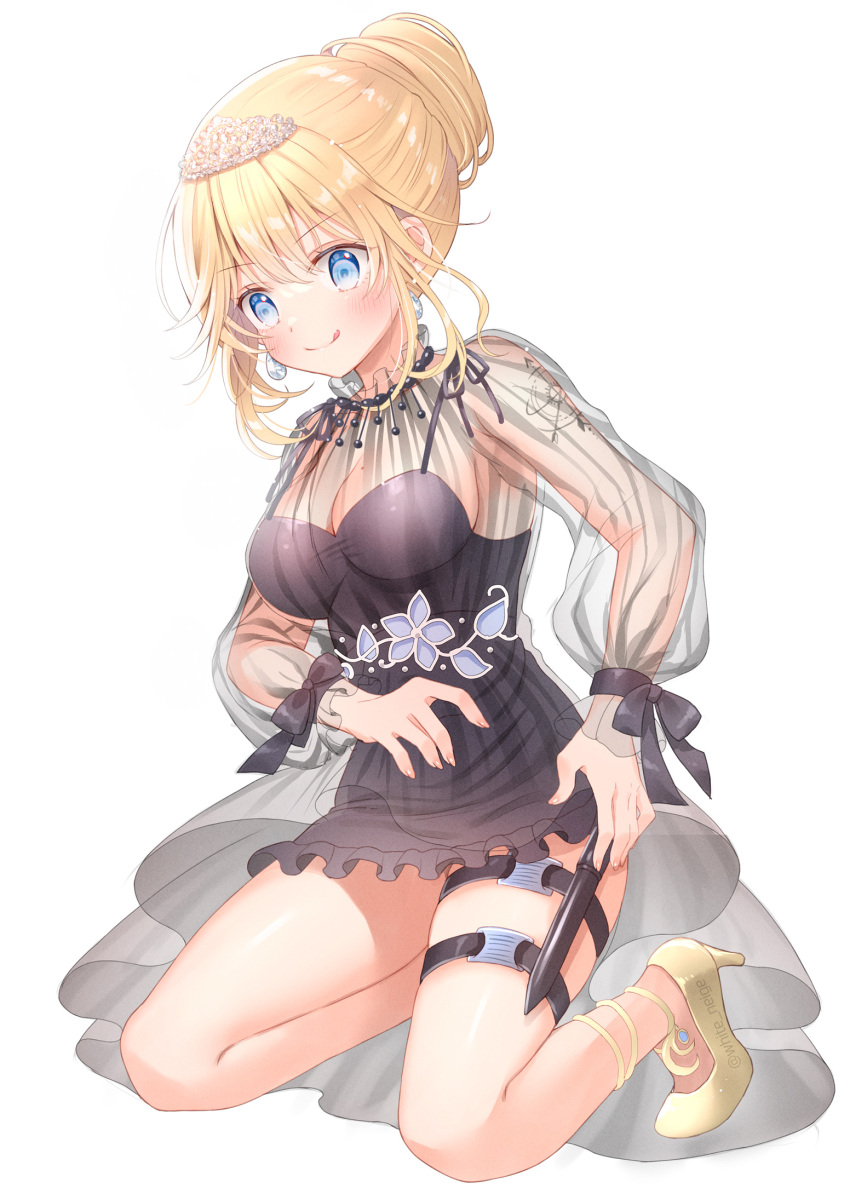 1girl :p alternate_costume alternate_hairstyle bangs black_dress blonde_hair blue_eyes blush breasts cleavage dress earrings eyebrows_visible_through_hair hair_up high_heels highres hololive hololive_english jewelry kneeling knife large_breasts leg_strap mole mole_on_breast see-through_dress serino_itsuki sidelocks simple_background solo tattoo tiara tongue tongue_out virtual_youtuber watson_amelia white_background yellow_footwear