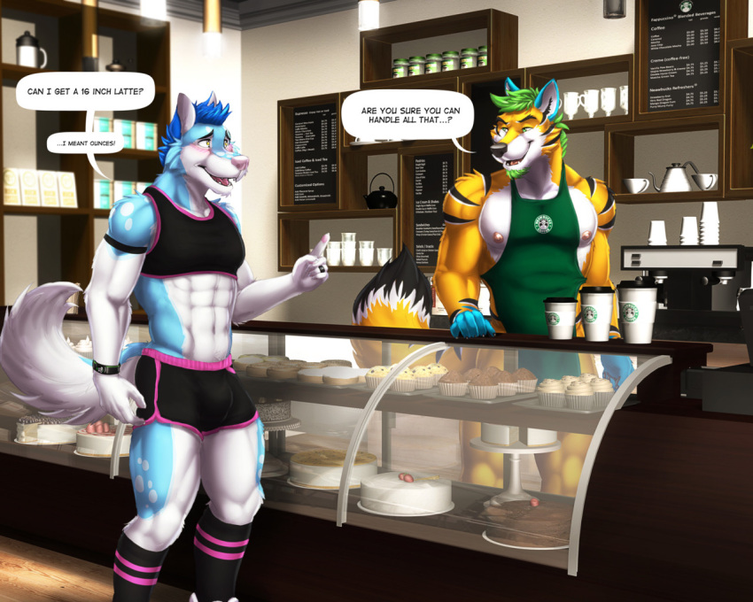 2021 5_fingers abs anthro apron barista beverage biceps blue_body blue_hair blush bulge cafe cake canid canine canis clock clothed clothing coffee coffee_shop container cup dessert dialogue digital_media_(artwork) domestic_dog dream_and_nightmare duo english_text felid feline fingers food footwear fox fur green_hair hair humor husky hybrid lights male male/male mammal muffin multicolored_body multicolored_clothing multicolored_fur multicolored_tail muscular muscular_anthro muscular_male navel nipples nordic_sled_dog open_mouth orange_body pecs smile socks speech_bubble spitz text watch white_body