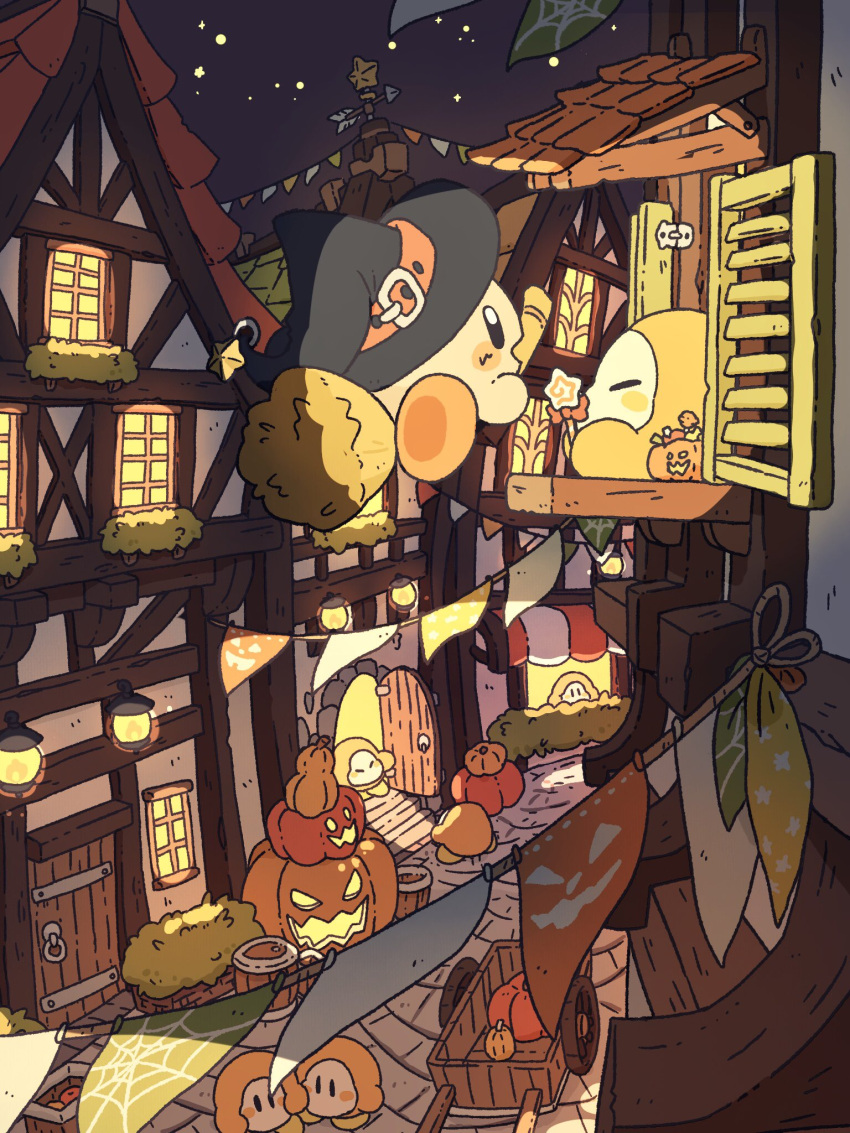 black_headwear blush_stickers broom broom_riding bush candy food halloween harukui hat highres jack-o'-lantern kirby kirby_(series) lamp lollipop looking_at_another pumpkin smile streamers village waddle_dee wagon witch_hat