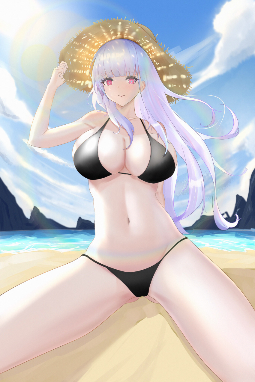 1girl absurdres arm_behind_back azur_lane bangs bare_shoulders beach bikini black_bikini black_swimsuit blue_sky breasts cleavage closed_mouth collarbone dido_(azur_lane) eyebrows_visible_through_hair feet_out_of_frame hand_on_headwear hat highres large_breasts long_hair looking_at_viewer magicc navel purple_eyes purple_hair sand simple_background sitting sky solo spread_legs sun_hat swimsuit