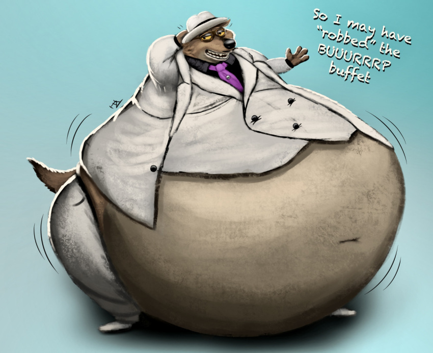 anthro belly big_belly canid canine canis clothing dialogue eyewear facial_hair glasses hand_behind_head hat headgear headwear ian-exe male mammal mr._wolf_(the_bad_guys) mustache obese obese_anthro overweight overweight_anthro overweight_male solo wolf yellow_eyes