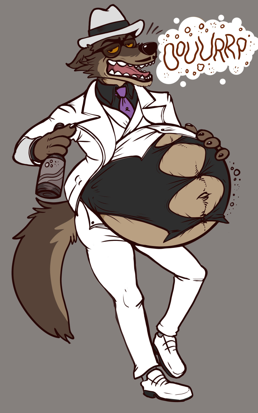 2021 absurd_res anthro belly beverage big_belly bottomwear burping canid canine canis claws clothing disguise dreamworks dress_shirt eggo21 facial_hair footwear hand_on_stomach hat headgear headwear hi_res holding_beverage holding_object inflation looking_at_viewer male mammal mr._wolf_(the_bad_guys) mustache navel necktie orange_sclera overweight pants shirt shoes soda soda_bottle solo straining_buttons suit the_bad_guys tight_clothing topwear wolf