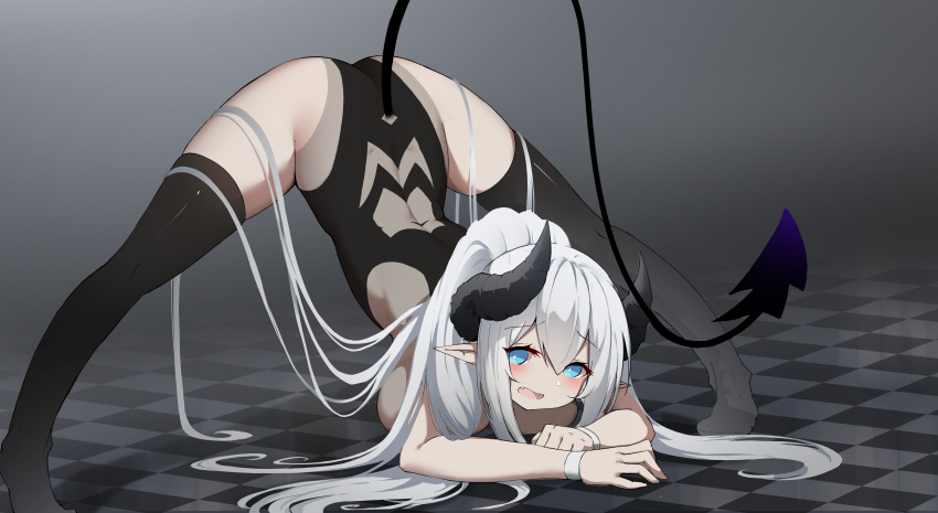 1girl absurdres arm_rest ass bangs black_legwear black_leotard blue_eyes blush breast_rest breasts checkered_floor demon_girl demon_horns demon_tail flexible hair_flowing_over hands_on_ground highres horns huizhiyin jack-o'_challenge large_breasts leotard long_hair looking_at_viewer open_mouth original pointy_ears ponytail solo spread_legs tail tail_slit_clothes thighhighs top-down_bottom-up white_hair wide_spread_legs