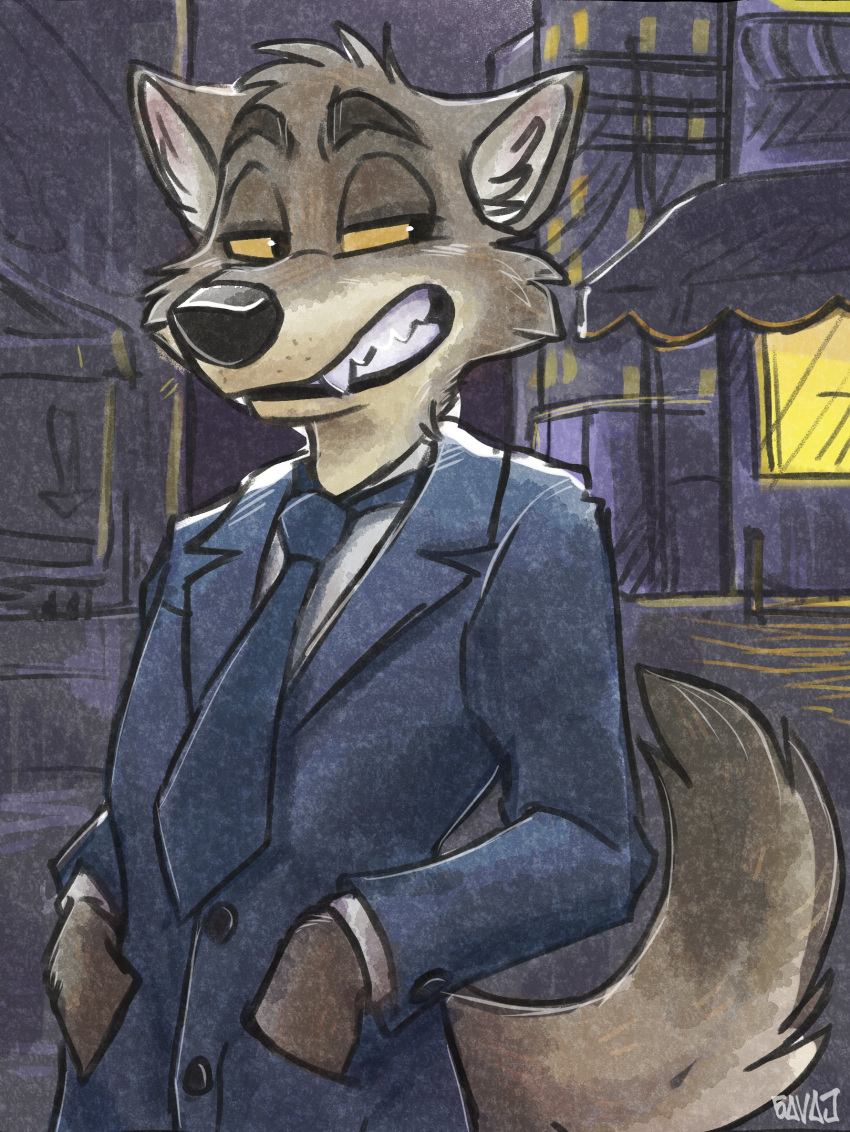 2021 anthro canid canine canis city clothing dreamworks hands_in_pocket hi_res lidded_eyes male mammal mr._wolf_(the_bad_guys) savaj_bunny smile solo suit teeth the_bad_guys traditional_media_(artwork) wolf