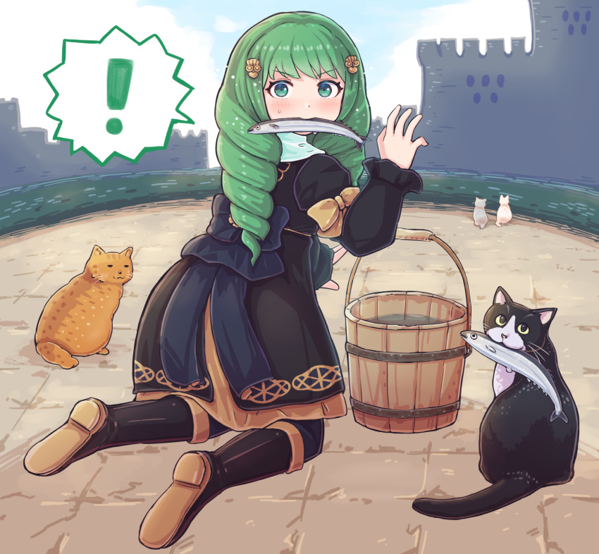 ! 1girl black_dress black_footwear bucket bucket_of_water cat dress drill_hair fire_emblem fire_emblem:_three_houses fish fish_in_mouth flayn_(fire_emblem) garreg_mach_monastery_uniform gold_trim green_eyes green_hair hair_ornament highres kneeling kutabireta_neko looking_at_viewer pantyhose spoken_exclamation_mark