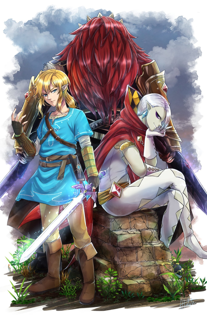 bangs blonde_hair blue_eyes cape earrings ganondorf gerudo ghirahim gloves hair_over_one_eye highres holding jewelry link long_hair looking_at_viewer pantyhose pointy_ears red_hair sakuya_996 smile sword the_legend_of_zelda the_legend_of_zelda:_skyward_sword weapon white_hair