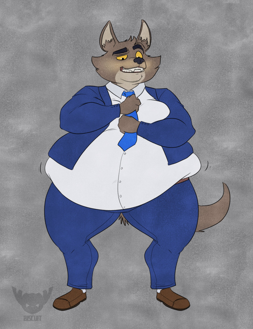 2021 absurd_res anthro basicbiscuit belly belt big_belly bottomwear brown_body brown_fur canid canine canis clothing dreamworks dress_shirt fangs footwear fur hi_res jewelry male mammal mr._wolf_(the_bad_guys) necklace orange_sclera overweight pants shirt shoes solo suit the_bad_guys tight_clothing topwear wolf