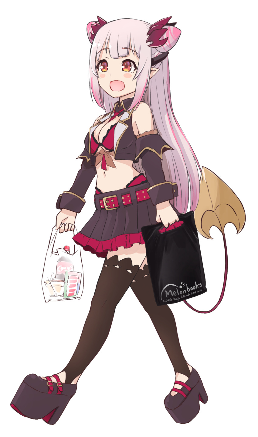 1girl bag bangs black_skirt black_vest blunt_bangs blush blush_stickers bra breasts cleavage commentary_request cropped_vest demon_girl demon_horns demon_tail detached_sleeves eyebrows_visible_through_hair full_body gradient_hair grey_hair groceries hair_cones highres holding honey_strap horns jyaco large_breasts long_hair long_sleeves melonbooks miniskirt multicolored_hair open_clothes open_mouth open_vest panties pink_hair plastic_bag platform_footwear pleated_skirt pointy_ears red_bra red_eyes red_panties simple_background skirt smile solo stirrup_legwear suou_patra tail thighhighs toeless_legwear transparent_background underwear vest virtual_youtuber walking