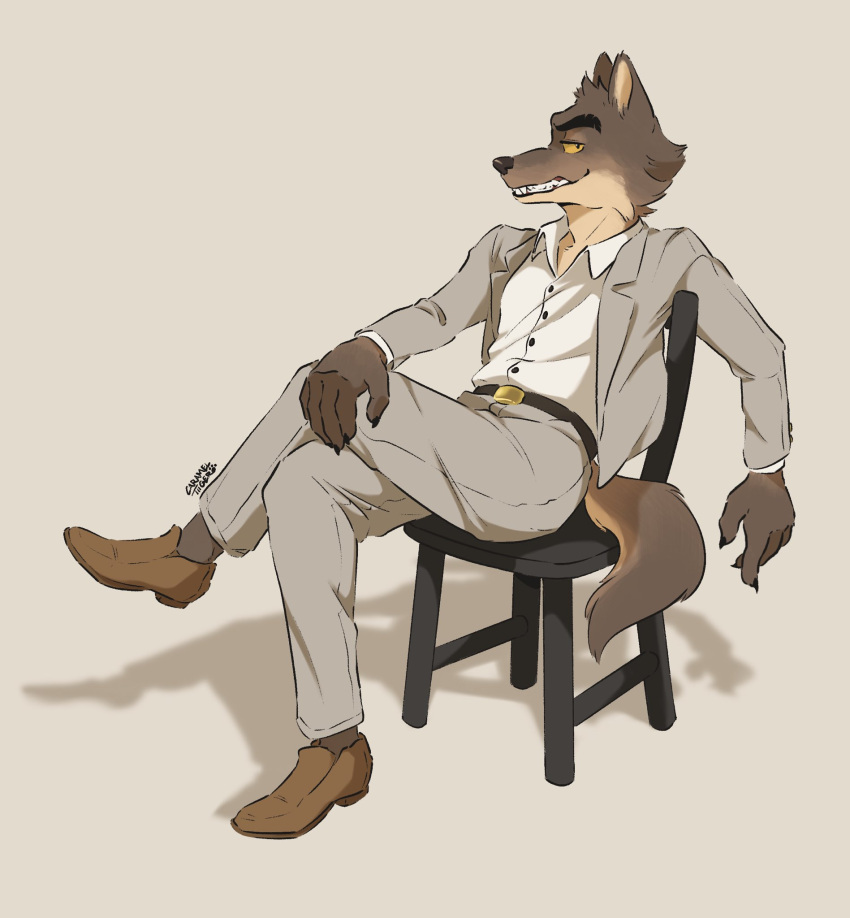 2021 5_fingers anthro bottomwear canid canine canis carameltiiiger clothing crossed_legs dreamworks fingers footwear hi_res lidded_eyes male mammal mr._wolf_(the_bad_guys) pants plantigrade shadow shoes simple_background solo suit teeth the_bad_guys wolf