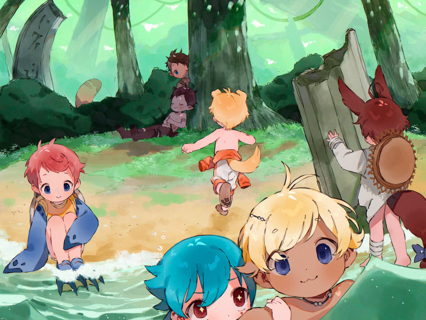 +_+ 6+boys animal_ear_fluff animal_ears beach blonde_hair blue_hair bottomless bush child dark-skinned_male dark_skin english_commentary grass hiding highres long_sleeves male_focus morning multiple_boys original outdoors plant rabbit_ears sleeping smile soaking_feet tail thebrushking topless_male tree turtle_boy vines water