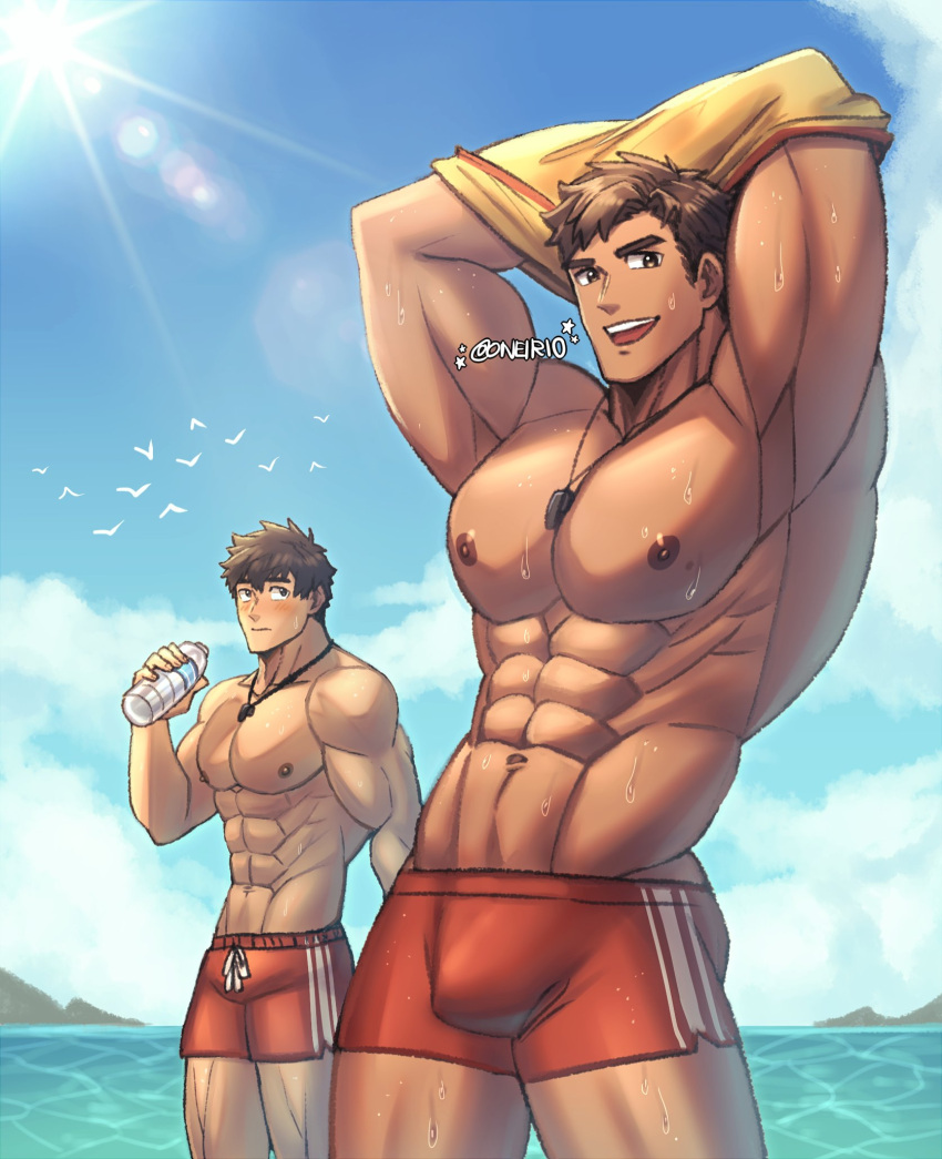 2boys abs bara beach brown_hair bulge closed_mouth highres large_pectorals lifeguard looking_at_another looking_at_viewer male_focus male_swimwear mature_male multiple_boys muscular muscular_male navel nipples oneirio open_mouth original pectorals red_male_swimwear short_hair shorts smile summer swim_trunks wet whistle whistle_around_neck