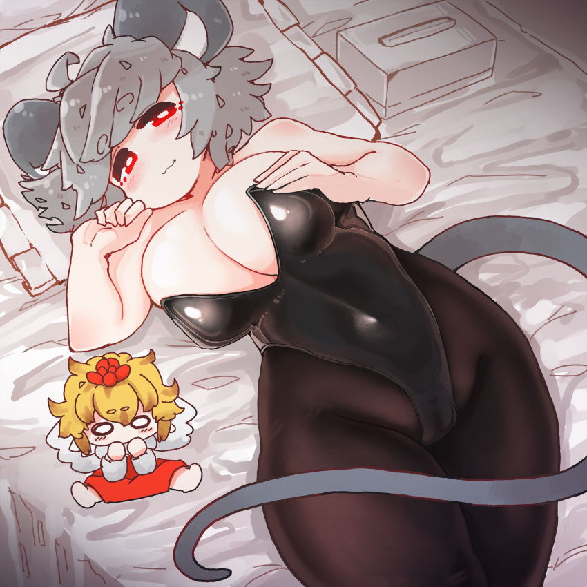 :3 absurd_res ahoge animal_humanoid bed bedding big_breasts blanket blush breasts cleavage clothed clothing female furniture grey_hair hair hi_res humanoid legwear leotard lying mammal mammal_humanoid mouse_humanoid murid murid_humanoid murine murine_humanoid nazrin on_back orange_hair pillow plushie red_eyes rodent rodent_humanoid sabitare short_hair shou_toramaru solo tights tissue_box touhou video_games