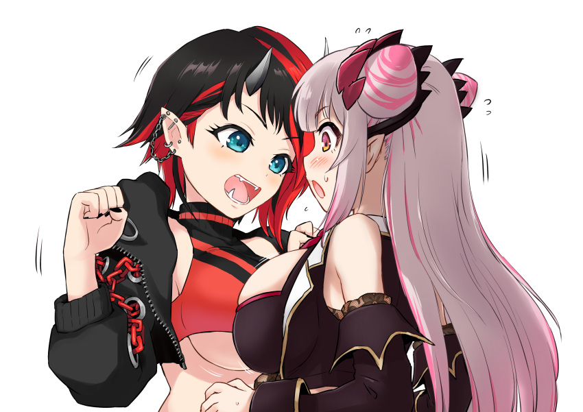 2girls bangs black_hair black_jacket black_nails black_sleeves black_sports_bra blue_eyes blush breast_contest breast_press breasts brown_eyes chain commentary_request cropped_jacket demon_girl demon_horns detached_sleeves ear_chain ear_piercing eyebrows_visible_through_hair grey_hair hair_cones highres honey_strap horns jacket jyaco large_breasts long_hair looking_down multicolored_hair multiple_girls nail_polish necktie open_clothes open_jacket open_mouth outline piercing pink_hair pointy_ears red_hair red_necktie red_sports_bra ryugasaki_rene shirt short_hair simple_background sleeveless sleeveless_shirt sports_bra streaked_hair sugar_lyric suou_patra symmetrical_docking transparent_background two-tone_hair underboob upper_body virtual_youtuber zipper