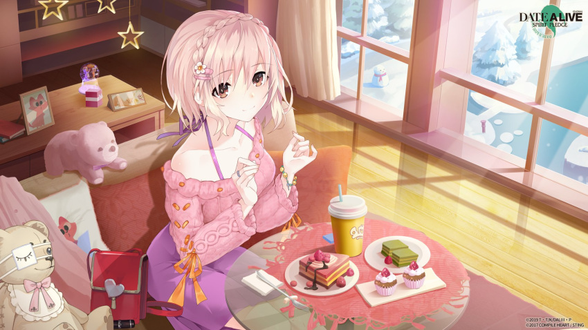 bag cake closed_mouth cupcake curtains date_a_live date_a_live:_spirit_pledge eyebrows_visible_through_hair food fork handbag highres jewelry key notebook pine_tree pink_hair pink_sweater purple_skirt ring short_hair skirt smile snowman sonogami_rinne star_ornament strawberry_cake stuffed_animal stuffed_toy sweater teddy_bear tree window winter