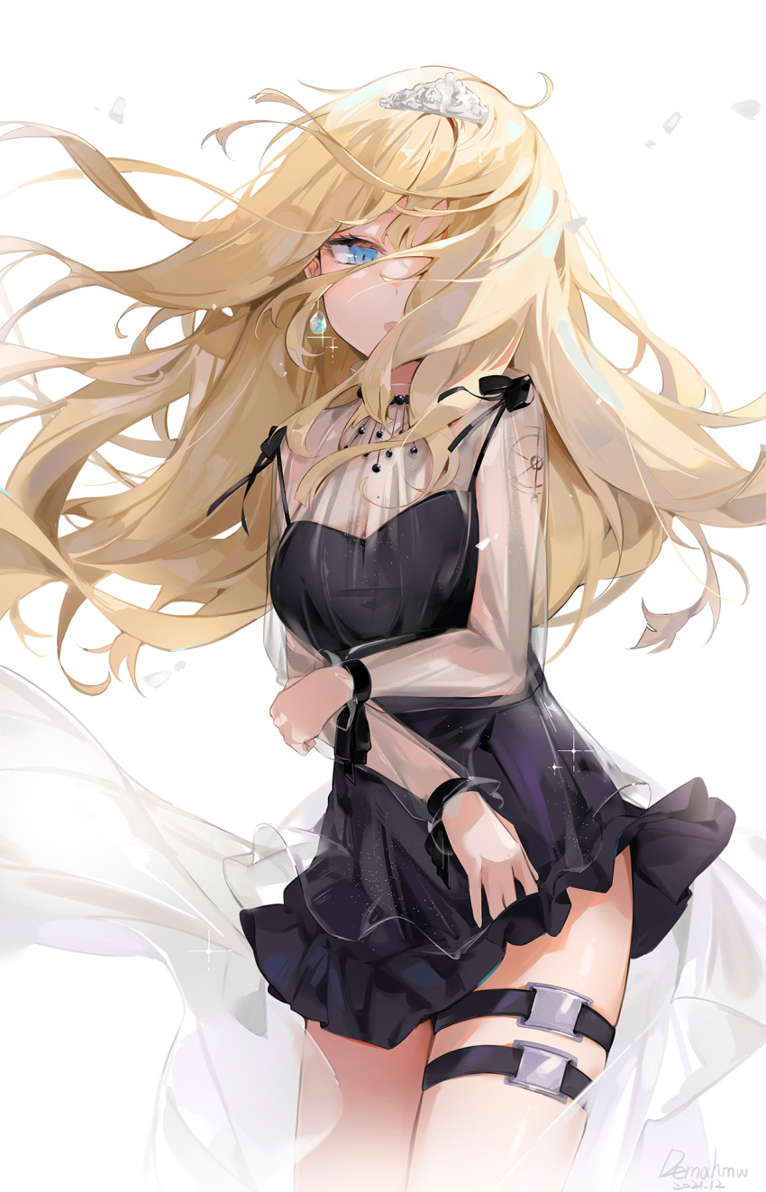 1girl black_dress blonde_hair blue_hair breasts dema_hmw dress earrings floating_hair highres hololive hololive_english jewelry long_hair mole mole_on_breast official_alternate_costume open_mouth see-through see-through_dress simple_background solo thigh_strap very_long_hair virtual_youtuber watson_amelia white_background