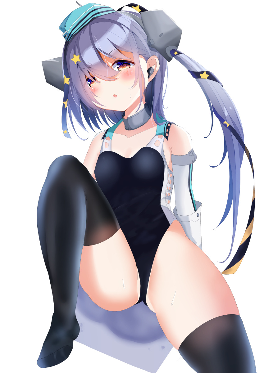 1girl absurdres aqua_headwear aruka0807 black_legwear black_ribbon black_swimsuit competition_swimsuit elbow_gloves garrison_cap gloves grey_hair hair_ornament hair_ribbon hat highleg highleg_swimsuit highres kantai_collection long_hair one-piece_swimsuit red_eyes ribbon scamp_(kancolle) side_ponytail simple_background sitting solo star_(symbol) star_hair_ornament swimsuit thighhighs white_background white_gloves