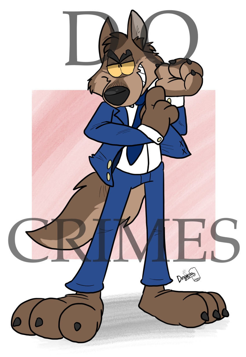 2021 anthro black_nose blue_necktie blue_suit brown_body brown_claws brown_fur cheek_tuft claws clothed clothing digital_drawing_(artwork) digital_media_(artwork) dingoroo facial_tuft fully_clothed fur grin half-closed_eyes head_tuft hi_res inner_ear_fluff male mr._wolf_(the_bad_guys) narrowed_eyes necktie signature simple_background smile smug solo text the_bad_guys tuft white_dress_shirt yellow_eyes