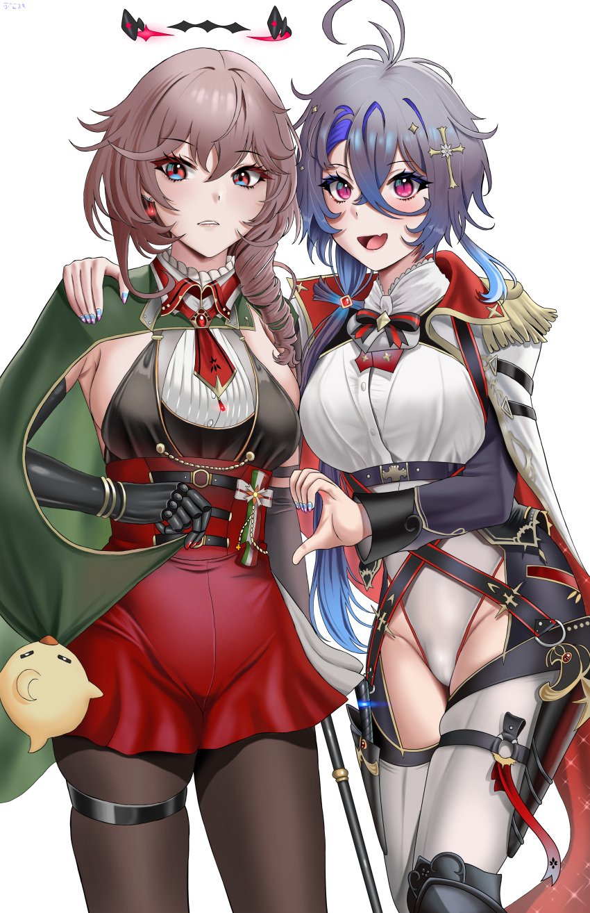 2girls :d absurdres ahoge azur_lane bangs bird black_gloves black_legwear blue_nails blush boots breasts brown_hair bukowiski cape cape_tug chick commentary cowboy_shot cross_hair_ornament crossed_bangs drill_hair duca_degli_abruzzi_(azur_lane) earrings elbow_gloves epaulettes eyebrows_visible_through_hair fang foch_(azur_lane) gloves gradient_hair green_cape grey_hair groin hair_between_eyes hair_ornament hair_over_shoulder hand_on_another's_shoulder heart_hands_failure high-waist_skirt highres holding holding_scepter holster jewelry knife_holster large_breasts leotard leotard_under_clothes long_hair looking_at_viewer manjuu_(azur_lane) mechanical_halo multicolored_hair multiple_girls neckerchief o-ring_belt open_mouth pantyhose parted_lips pink_eyes prosthesis prosthetic_hand purple_hair red_eyes red_neckerchief red_skirt scepter shirt sideboob sidelocks simple_background single_elbow_glove skin_fang skindentation skirt smile sparkle standing thigh_boots thigh_holster thigh_strap thighhighs two-tone_cape underbust white_background white_cape white_legwear white_shirt