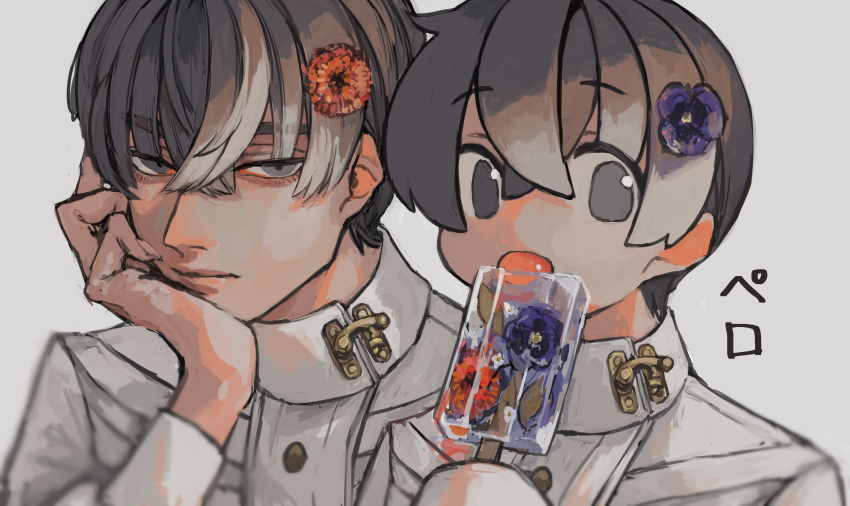 2boys absurdres bangs black_eyes black_hair buttons closed_mouth collared_shirt commentary_request eyebrows_visible_through_hair fatalbug896 flower food hair_between_eyes hair_flower hair_ornament hand_on_own_chin head_rest highres holding holding_food latch licking long_sleeves looking_at_viewer male_focus multiple_boys orange_flower original popsicle purple_flower shirt short_hair simple_background tongue tongue_out upper_body white_background white_shirt