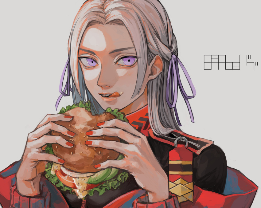 1girl absurdres avocado bangs black_jacket burger constricted_pupils eating edelgard_von_hresvelg epaulettes fatalbug896 fire_emblem fire_emblem:_three_houses food food_bite food_on_face grey_background grey_hair hair_ribbon high_collar highres holding holding_food jacket lettuce licking_lips long_hair long_sleeves looking_at_viewer multicolored_clothes multicolored_jacket nail_polish open_mouth parted_bangs parted_hair purple_eyes purple_ribbon red_nails ribbon sauce signature simple_background solo tomato_slice tongue tongue_out tress_ribbon two-tone_jacket upper_body zipper