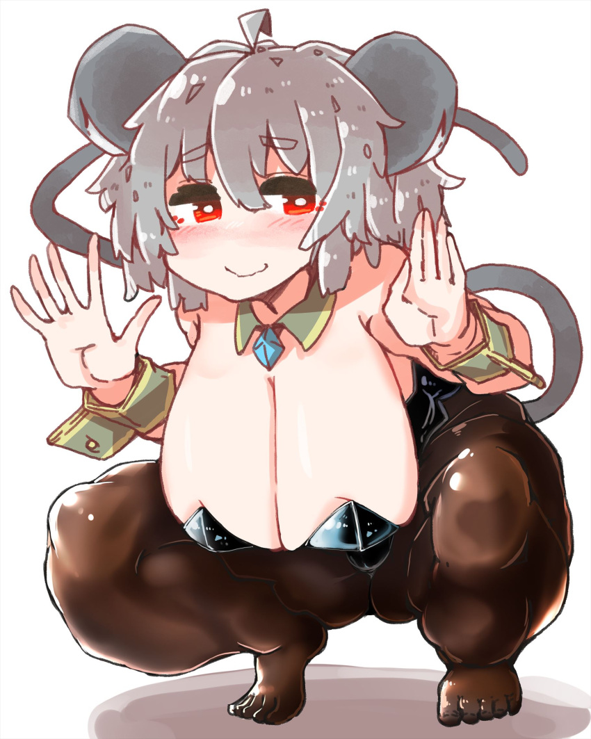 ahoge animal_humanoid big_breasts blush breasts cleavage clothed clothing crouching female grey_hair hair hi_res humanoid legwear mammal mammal_humanoid mouse_humanoid murid murid_humanoid murine murine_humanoid nazrin red_eyes rodent rodent_humanoid sabitare shirt_collar short_hair smile solo tights touhou video_games