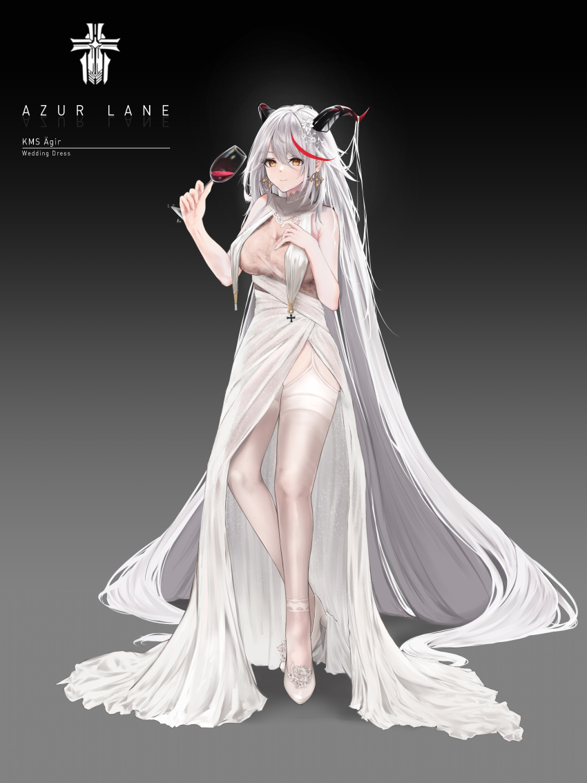 1girl absurdly_long_hair absurdres aegir_(azur_lane) alcohol azur_lane breast_curtains breasts bride character_name cosplay cross cross_earrings cup demon_horns dress drinking_glass earrings full_body garter_straps gradient gradient_background grey_background hair_between_eyes hair_on_horn hair_ornament hand_on_own_chest high_heels highres holding holding_cup horns iron_blood_(emblem) jewelry large_breasts long_hair multicolored_hair red_hair see-through sleeveless sleeveless_dress solo streaked_hair taihou_(azur_lane) taihou_(azur_lane)_(cosplay) taihou_(temptation_on_the_sea_breeze)_(azur_lane) thighhighs turboflower two-tone_hair very_long_hair white_dress white_footwear white_garter_straps white_hair white_legwear wine wine_glass yellow_eyes