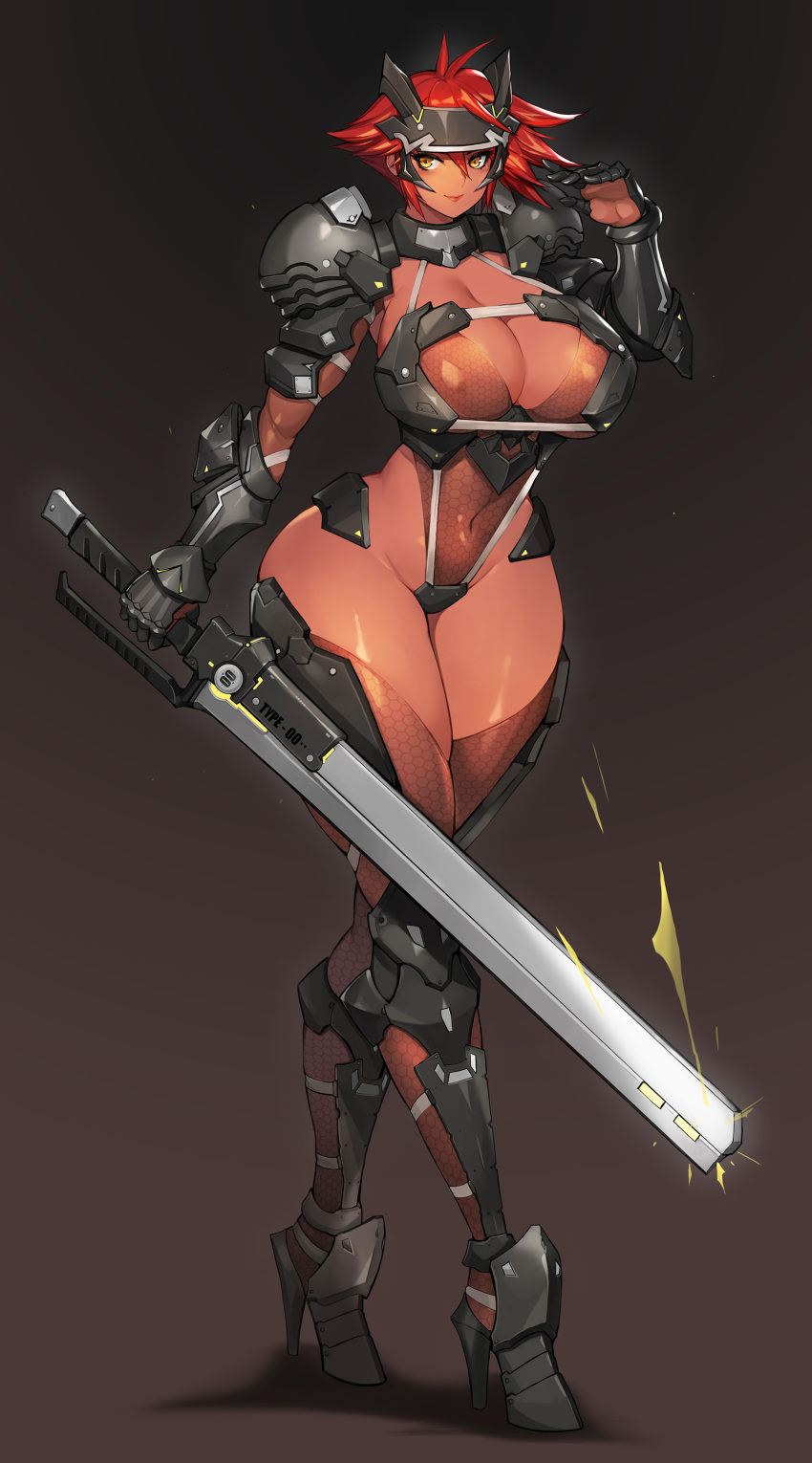 1girl absurdres armor bangs breasts brown_eyes cleavage closed_mouth commentary dark_skin full_body gauntlets gradient gradient_background grey_background gurimjang headgear high_heels highleg highleg_leotard highres holding holding_weapon large_breasts leotard lips looking_at_viewer original red_hair shadow shiny shiny_hair shiny_skin short_hair shoulder_armor simple_background smile standing tan thighs warrior weapon