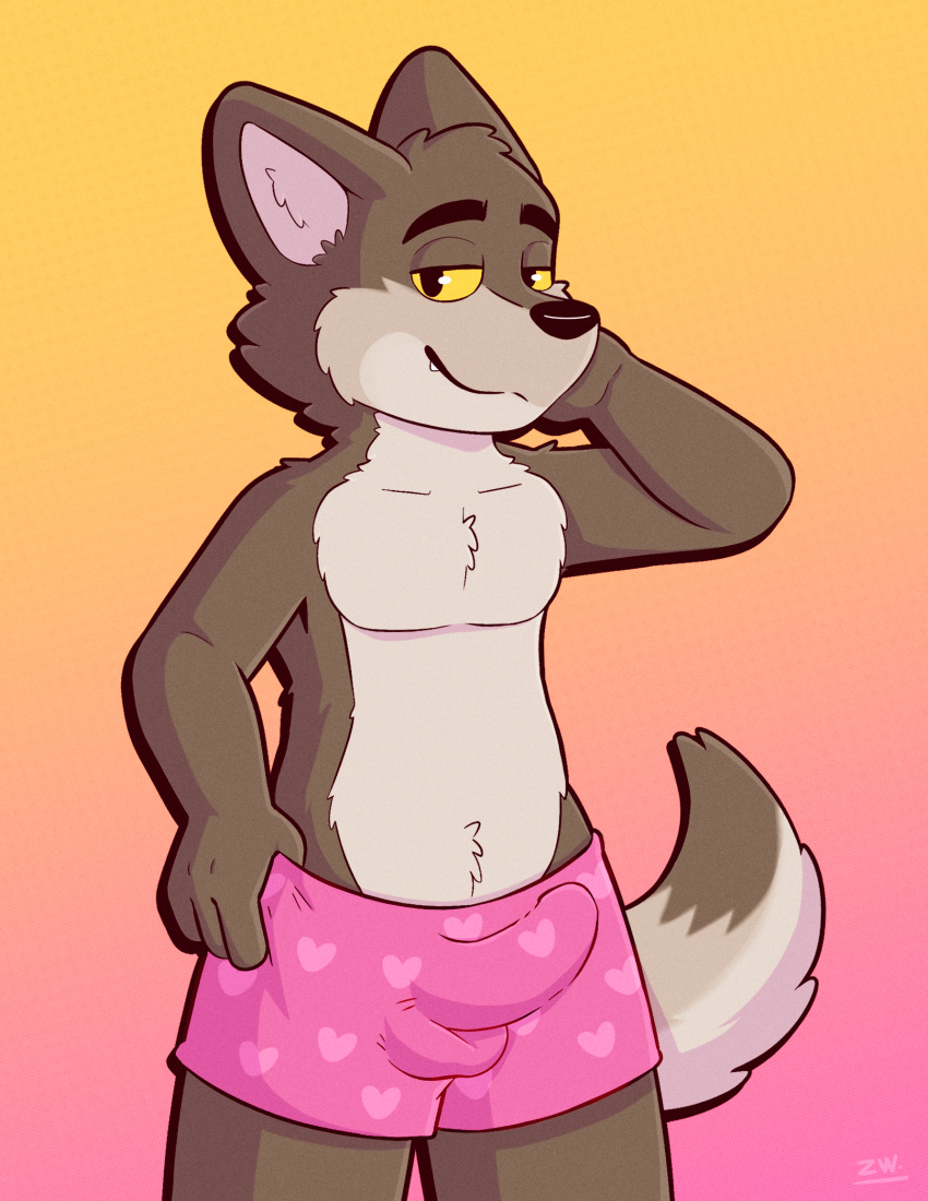 anthro balls bulge canid canine canis clothing digital_media_(artwork) erection fur genitals hair hi_res looking_at_viewer male male/male mammal mr._wolf_(the_bad_guys) penis smile solo standing underwear wolf wolfyzeeb