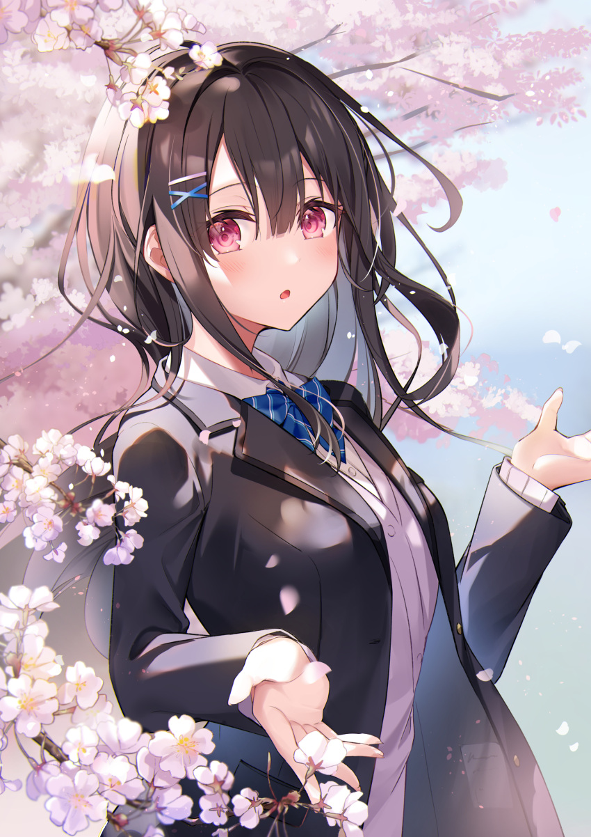 1girl :o absurdres bangs black_jacket blazer blue_bow blue_neckwear blurry blurry_background blush bow bowtie brown_hair cherry_blossoms collared_shirt dress_shirt flower hair_ornament hands_up highres jacket kisaragi_yuri long_hair long_sleeves looking_at_viewer open_mouth original outdoors petals pink_eyes pink_flower pink_shirt school_uniform shirt solo standing tree white_shirt